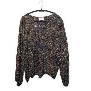 Denim & Supply Ralph Lauren Boho Black Dainty Floral Print Blouse Top Size L